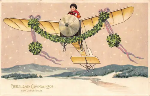 Geburtstag Beste Wünsche 1917 Junge Flugzeug Kleeblatt Glück geprägte Postkarte