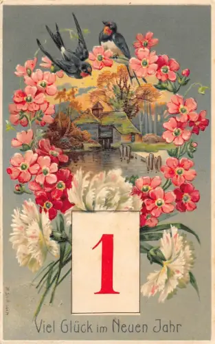 L180 Neujahrsgrüße 1909 Schwalbe Vögel Blumen Glück Prägepostkarte