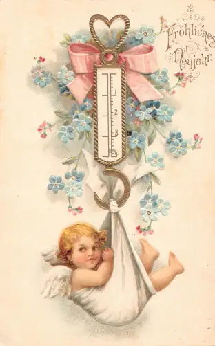 L180 Neujahrsgrüße 1907 Cherubblumen Glück wiegend Prägepostkarte