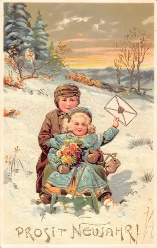 L180 Neujahrsgrüße Kinder Schlitten Blumen Umschlag Prägung Postkarte