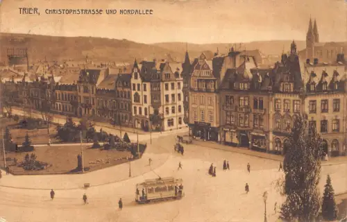 L011 Deutschland 1910 Trier Christophstraße und Nordallee Straßenbahn Vintage Postkarte