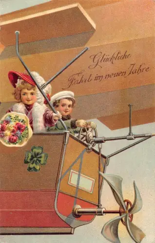 L180 Neujahrsgruß 1909 Kinder Kleeblatt Flugzeug Prägepostkarte