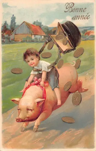 L180 Neujahrsgrüße Junge reitend Schwein Geldsack Glück geprägt Postkarte