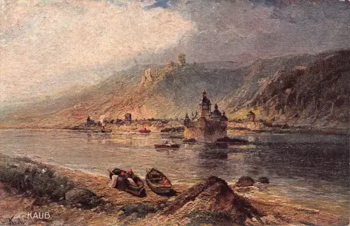 L011 Deutschland Kaub, Burg Gutenfels und Pfalz Boote Klippen Vintage Postkarte