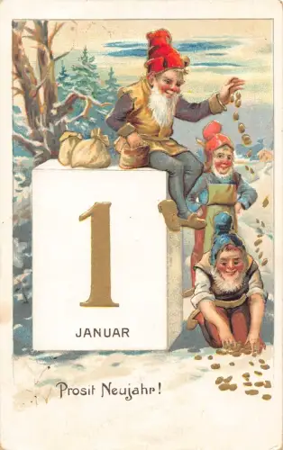 L180 Neujahrsgrüße 1907 Zwerge Goldmünzen Glück geprägt Vintage Postkarte
