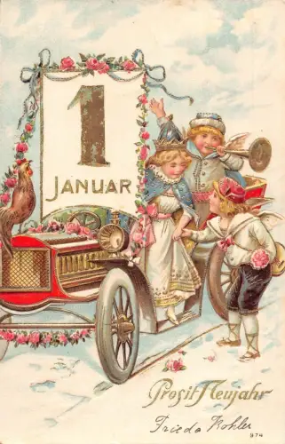 L180 Neujahrsgrüße 1909 Cherubs Automobil geprägt Oldtimer Postkarte