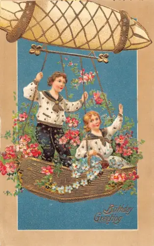 L180 Geburtstagsgruß Kinder Blumen Heißluftballon geprägt Postkarte