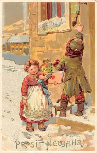 L180 Neujahrsgrüße 1911 Kinder Blumen Prägepostkarte
