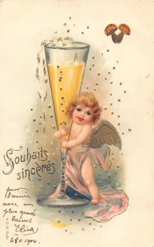 L180 Neujahrsgrüße 1904 Cherub Sekt Pilze Prägepostkarte