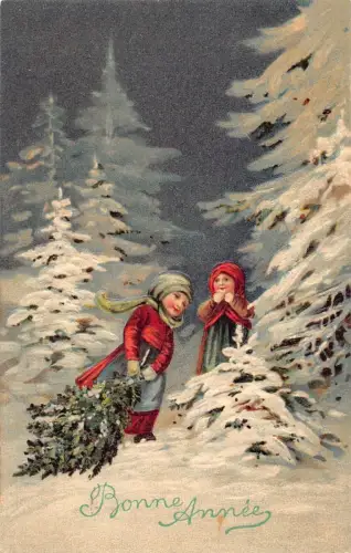 L180 Neujahrsgrüße 1914 Kinder Tannenbaum Prägepostkarte