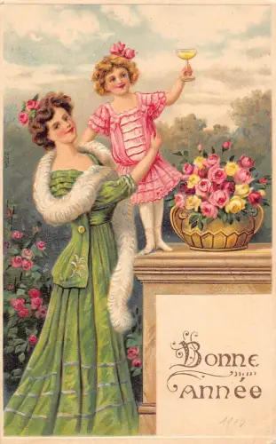 L180 Neujahrsgrüße 1910 Mutter Kind Blumen Rose geprägt Vintage Postkarte