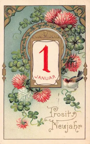 L180 Neujahrsgrüße 1909 Vogel Blumen Kleeblatt Glück geprägt Postkarte