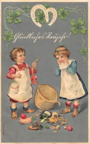 L180 Neujahrsgrüße 1906 Mädchen Pilze Schwein Hufeisen Glücksmünzen Postkarte