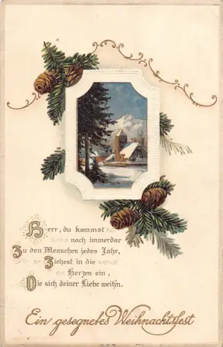 A095 Weihnachtsgrüße 1910 Kirche Schneepassepartout Tannenzapfen Gedicht Postkarte