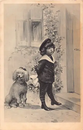 A095 Künstlerkarte 1907 Kleiner Junge hält Blumenstrauß hinten Hundepostkarte