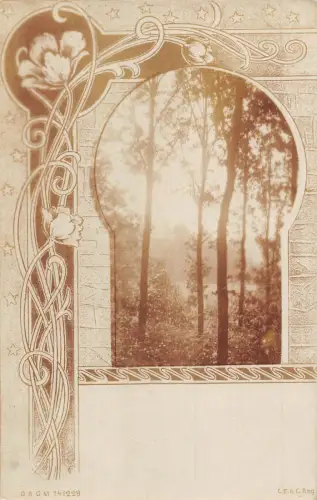 A095 Wald Landschaft Passepartout Jugendstil Details Blumen Sterne Postkarte