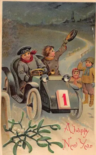 L189 Neujahrsgrüße 1907 Kinder Auto Mistel geprägte Postkarte