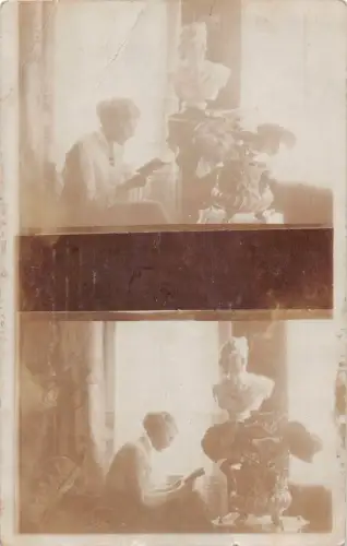 A094 Echt Foto 1916 Feldpost 1. Weltkrieg Frau liest Pflanzenbüste Skulptur Postkarte