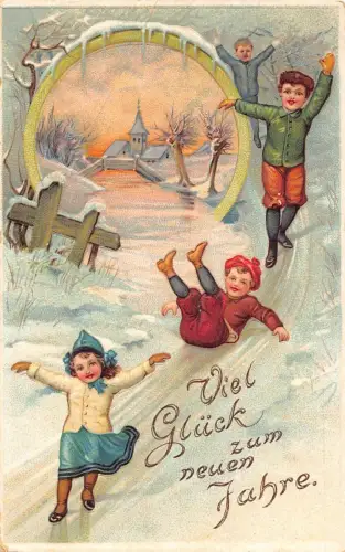 L189 Neujahrsgrüße 1911 Kinder Schlittschuh Prägepostkarte