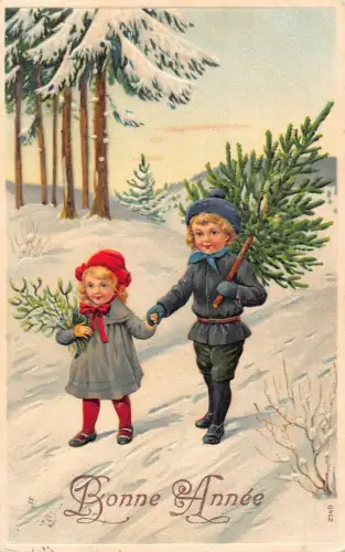 L189 Neujahrsgrüße 1913 Kinder Baum Mistel geprägte Postkarte