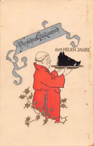 L407 Neujahrsgrüße 1911 Mönch Schweinekopf Glück geprägt Vintage Postkarte
