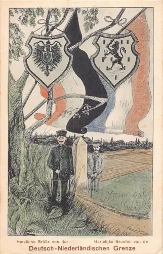 L407 Deutsch Niederlande Grenze 1913 Wappen Fahnen Soldaten Vintage Postkarte
