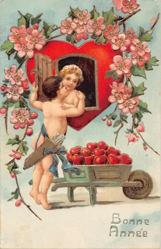 L220 Valentinstag Grüße 1911 Cherubs Blumenwagen Herzen geprägte Postkarte