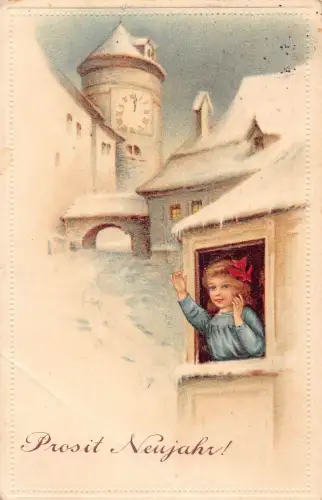 L076 Deutschland 1914 Frohes Neues Jahr Uhrturmmädchen Gruß Postkarte