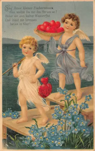 L220 Valentinstag Grüße 1908 Cherubs Fischer Herzen Prägepostkarte