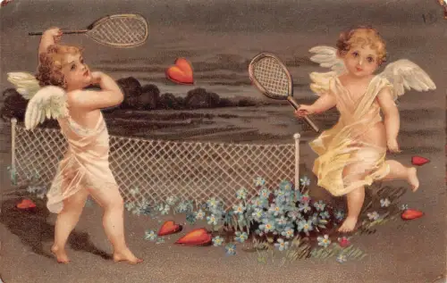 L220 Valentinstag Grüße Cherubs spielen Tennis geprägte Postkarte