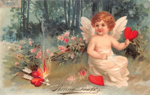 L220 Valentinstag Grüße 1908 Cherub Bogen Pfeile Herzen geprägt Postkarte