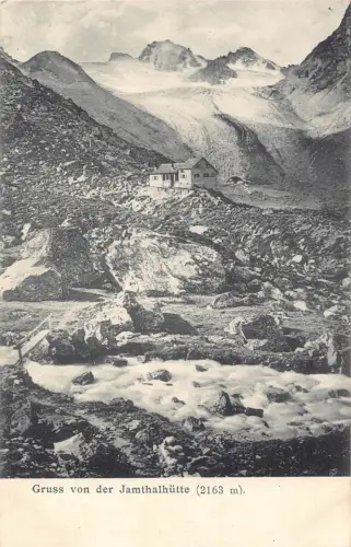 A094 Deutschland Gruss von der Jamthalhütte Hütte Berg 2163m Vintage Postkarte