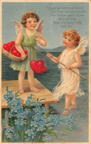 L220 Valentinstag Grüße 1907 Cherubs Fischer Herzen Prägepostkarte