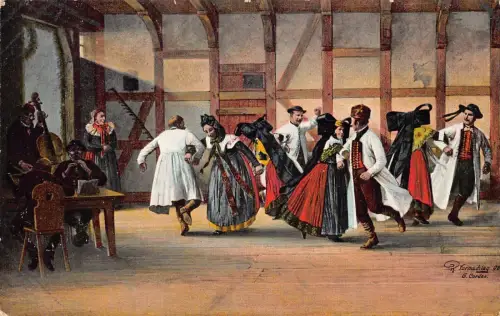 A093 Gemälde 1914 Menschen in traditionellen Kostümen tanzender Gasthof signierte Postkarte