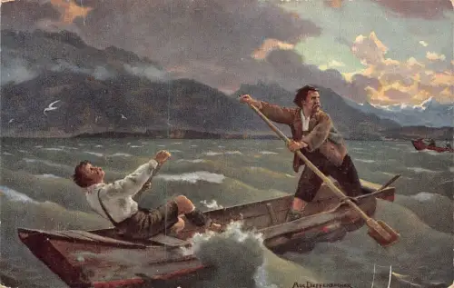 A092 Gemälde 1906 Sturm auf See Fischer im Boot signiert Dieffenbacher Postkarte