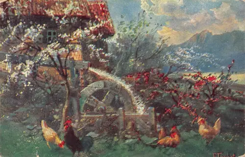 A092 Gemälde 1914 Bauernhof bei Bergen Hühner Wassermühle Blüte Bäume Postkarte