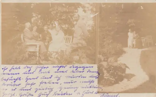 A093 Echt Foto 1917 Menschen sitzen auf Gartentisch Stühlen Hund München Postkarte