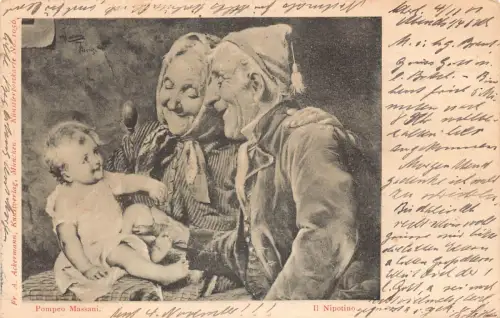 A092 Künstlerkarte 1901 Großeltern und Neffe lachen signiert P Massani Postkarte