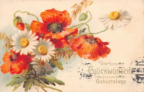 A092 Geburtstagsgrüße 1912 Mohnblumen und Gänseblümchen Blumenstrauß Postkarte