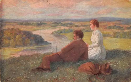 A092 Gemälde 1918 Feldpost 1. Weltkrieg signiert Carl Priem Paar ruht Gras Postkarte