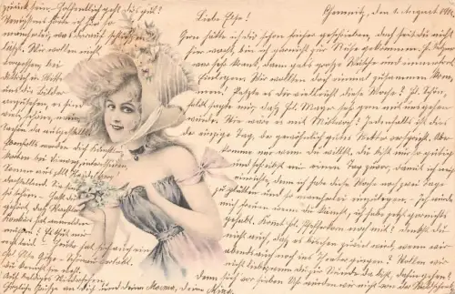 A092 Grüße 1902 Künstlerkarte Mädchen Haube hält Vergissmeinnicht Blumen Postkarte
