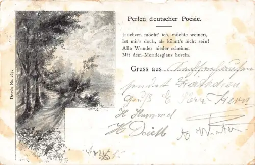 A092 Gruß 1901 Gruss aus Passepartout Landschaft Waldweg Gedicht Postkarte