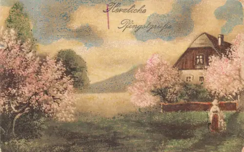 A092 Pfingstgrüße 1918 Gemälde Blüte Bäume Landhaus Bauer Postkarte