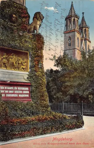 L014 Deutschland 1913 Magdeburg Kriegerdenkmal Dom Churck Statue Vintage Postkarte