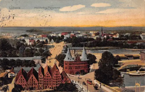 L011 Deutschland 1910 Lübecker Holstentor Panorama Straßenbahn Vintage Postkarte