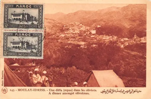 B662 Marokko 1935 Moulay Idriss Abendessen zwischen Olivenbäumen Postkarte