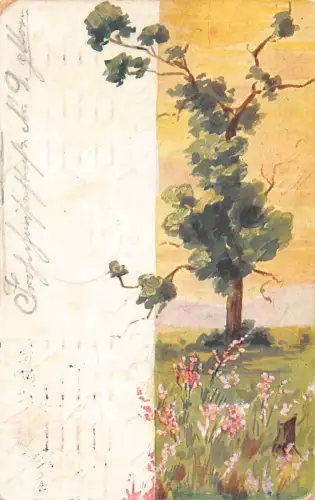 L351 Gemälde 1912 Hoher Baum Blühende Blumen auf Feld Künstlerkarte Postkarte