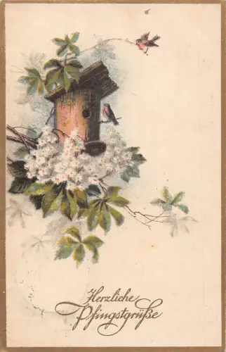L351 Deutschland 1918 Pfingstgrüße Maiglöckchen Vogelhaus Postkarte