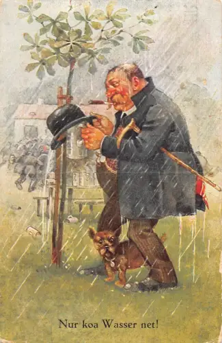 L351 Humor 1928 Künstlerkarte Fat Man Schutz Bier Regen Hund Zigaretten Postkarte