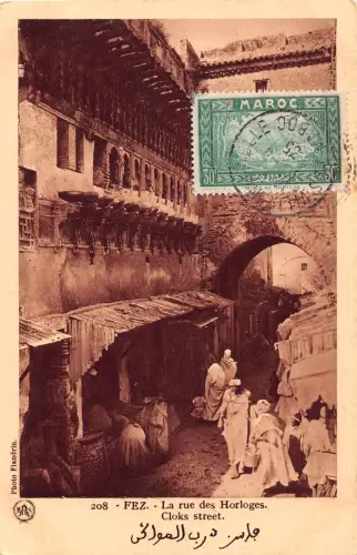B664 Marokko 1935 Fez Rue des Horloges Cloks Street Vintage Postkarte